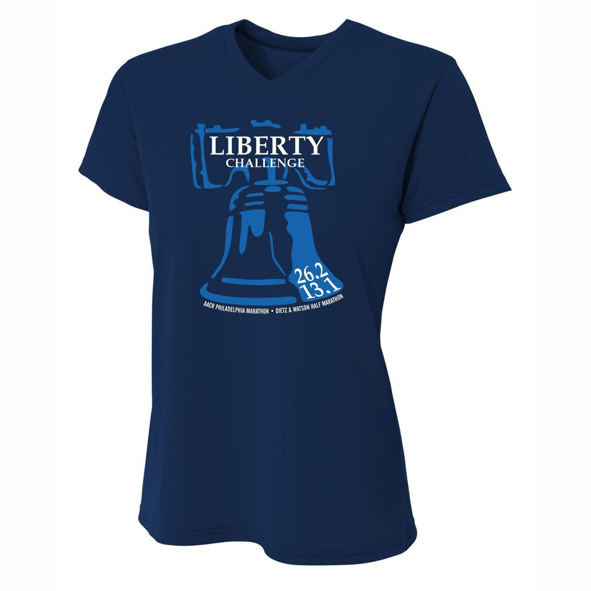 Philadelphia Marathon 2024 "Liberty Challenge" Special - 26.2 & 13.1 - SS V-Neck Tech Tee - Navy
