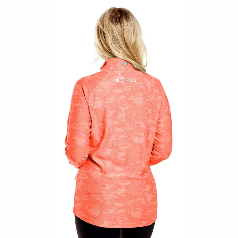 Limited Edition AACR Philadelphia Marathon Sustainably produced Embroidery. Camo jacquard 30% Recycled Poly/70% Poly stretch moisture-wicking fabric, featuring 30+ UPF sun protection, thumbholes, raglan sleeves, hidden zip security pocket, chin guard, and drop tail. Item ID pmle523181w