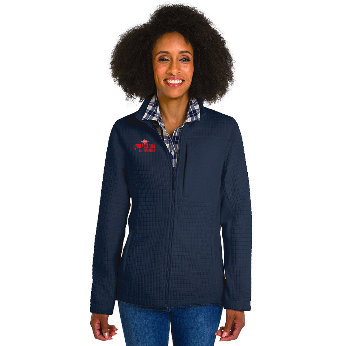 Fitted Textured Zip Jacket -Navy- D&W Embroidery